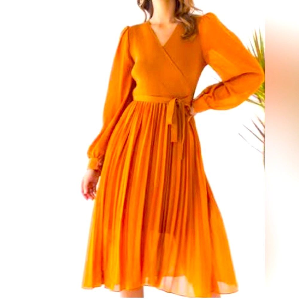 KNIT-SPLICED SELF TIE PLEATED WRAP MIDI IN CARAMEL SIZE L
